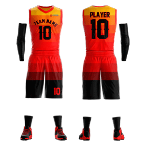 Custom Basketball V-Neck Uniform - Orange, Yellow & Black - Stripes Style