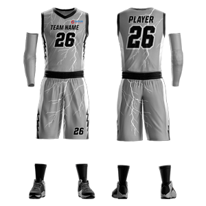 Custom Basketball V-Neck Uniform - Grey & Black - Lightning Style